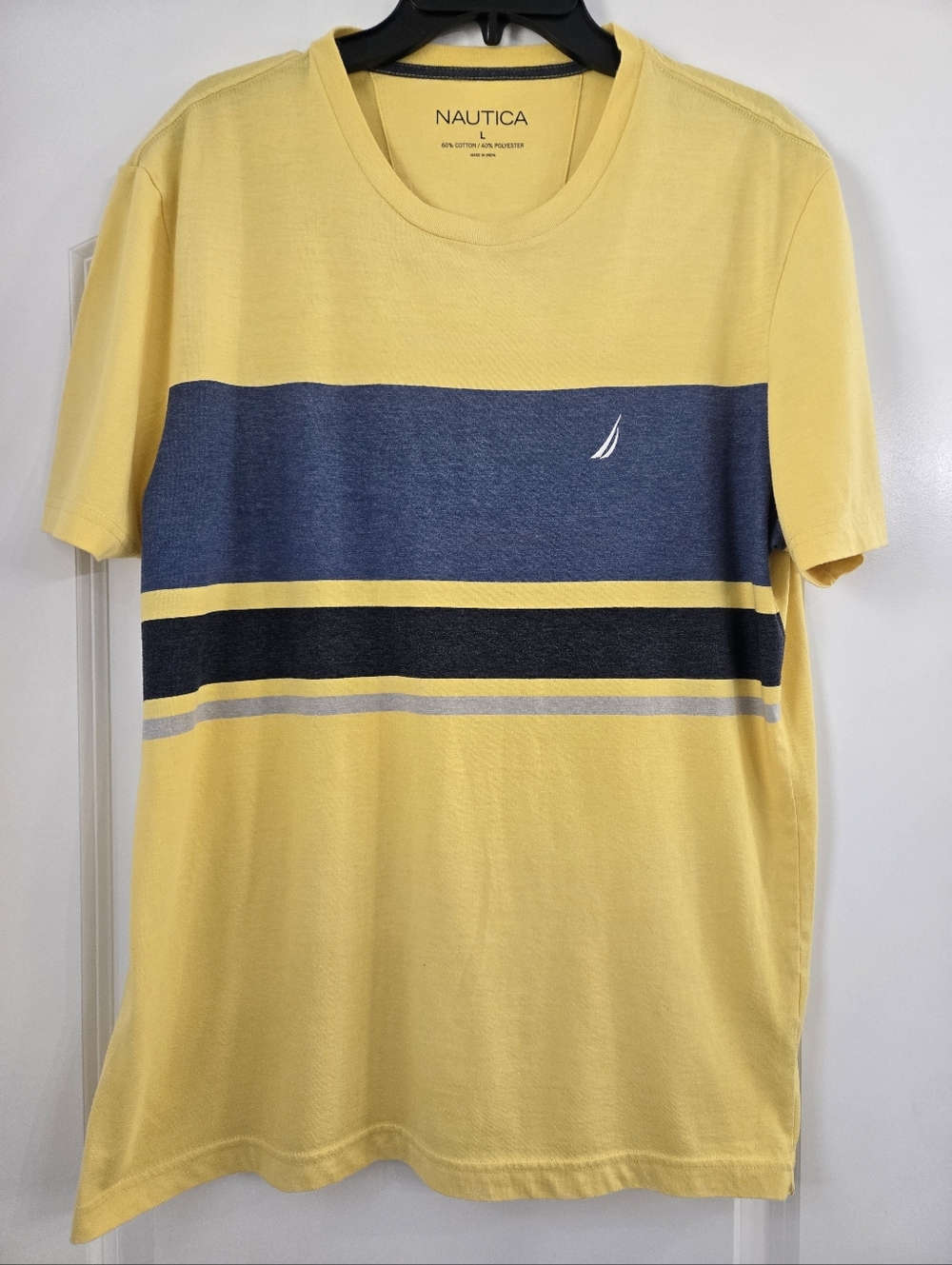 Nautica Men's Yellow and Navy Striped Short Sleeve Crewneck Tee